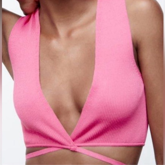 Zara Womens Pink Crop Tie String Top Pink Small NWT - Picture 5 of 12